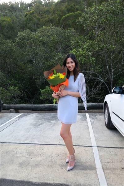 At the parking lot at the wharf at Berowra, with celebratory flowers!